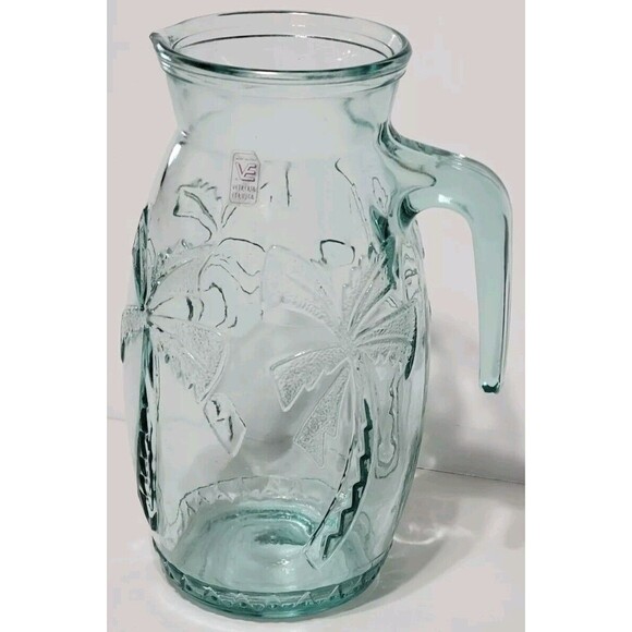 Vintage Vetreria Etrusca Pitcher Thick Green Glass Raised Palm Trees Italy READ - Picture 1 of 11